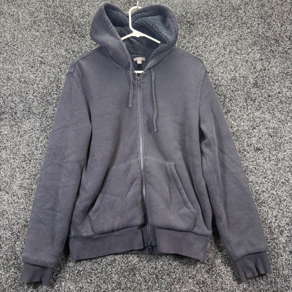 Vince Mens Waffle Knit Sherpa Lined Zip Hoodie Lamb Leather Elbow Patches Navy S